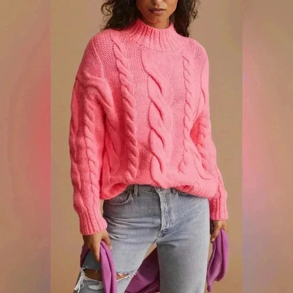 Anthropologie Mock Neck Cable-Knit Sweater XS Pink Wool Blend